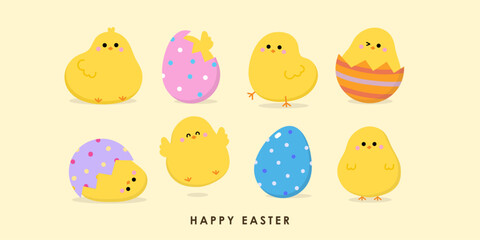 Cute little yellow chick and baby chicken with Easter eggs collection. Animal cartoon character collection. Vector in flat style.