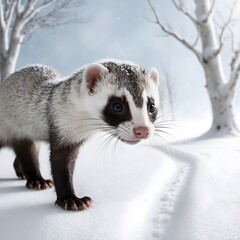 Obraz premium Curiosity in the Cold: A Black-Footed Ferret's Winter Journey