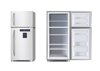 3d realistic vector icon illustration. Kitchen appliance, two doors frigde closed and open, empty with shelves. 