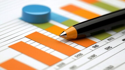 Close-up of pen on bar graph, financial data analysis.