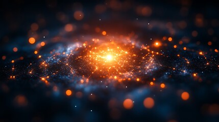 Obraz premium Glowing cosmic nebula with orange and blue particles.