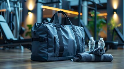 Fototapeta na wymiar Gym bag, towels, water bottles on gym floor