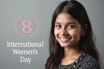 A young woman with the number 8 on a gray background. Celebration of International Women's Day