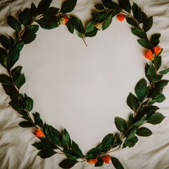 Fototapeta premium Heart Shaped Floral Frame Green Leaves Orange Flowers Spring Love Romance