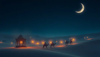 Obraz premium Nighttime Desert Caravan Journey Under Crescent Moon