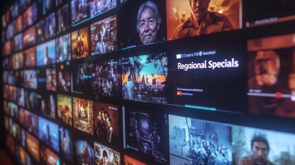 A wall of screens displaying a variety of video content. One screen is highlighted with the words 'Regional Specials' with several different video clips in the background.
