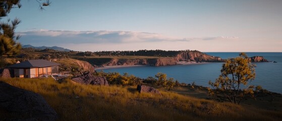 Scenic Coastal Cottage  Ocean View  Cliffside Home  Sunset Landscape