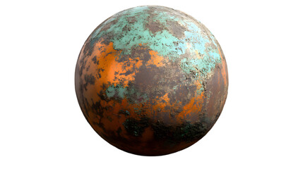 A solid copper sphere with a weathered patina giving it a mix of green and orange hues, carefully positioned in the center on a transparent background 