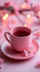 Fototapeta premium Pink teacup, blossoms, lights, spring, relaxation