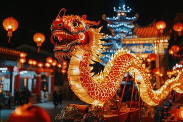 Obraz premium Dynamic Wide Angle Shot of a Vibrant Chinese Dragon Dance Performance at Night with Illuminated Red and Gold Dragon Surrounded by Lanterns