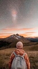 Starry Night Hike  Woman Backpacker on Mountaintop