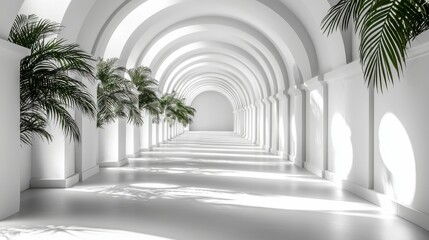 Fototapeta premium Bright white architectural space with geometric shapes and circles, sunlight enhancing abstract forms, providing a minimalistic and elegant backdrop for luxury product displays.