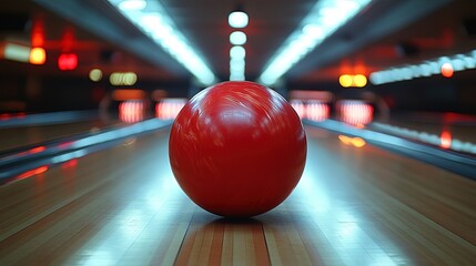 Bowling ball rolls down the lane at a busy bowling alley 