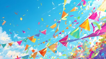 Vibrant summer festival background with colorful flags and confetti