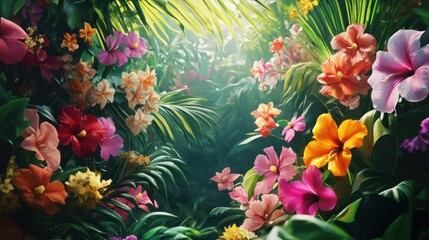 Lush Tropical Paradise: Vibrant Blooms in a Sun-Drenched Jungle