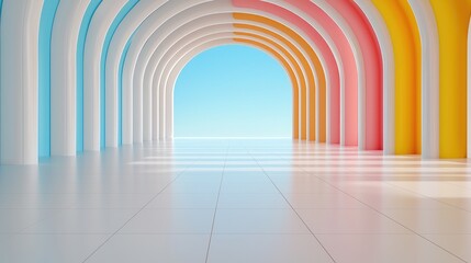 Obraz premium Colorful archway leading to a bright sky; background is a calm sea. Ideal for presentations