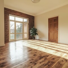 Fototapeta premium Modern Empty Room Sunlit Hardwood Floor Brick Wall Large Window Interior Design