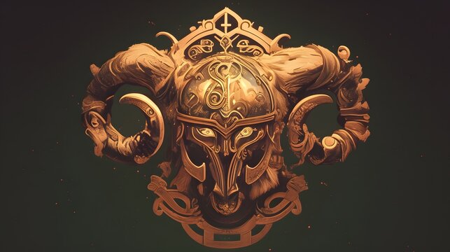 Viking-inspired coat of arms with copper adornments and a traditional helmet with horns.