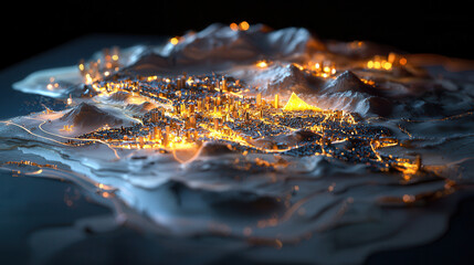 3D rendered visualization of glowing cityscape surrounded by mountains, illuminated with warm golden lights, creating futuristic and vibrant