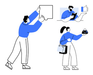 Man placing a square object, colleague giving thumbs up from screen, woman holding shopping bags and a gift. Ideal for teamwork, digital interaction, ecommerce, collaboration, creative workspace