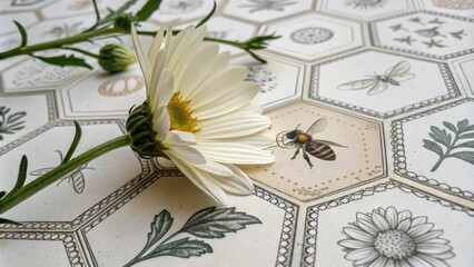 Close-up illustration of a single flower surrounded by intricate hexagonal patterns and vintage botanical details, nature-inspired art, botanical art, abstract floral, vintage style illustration