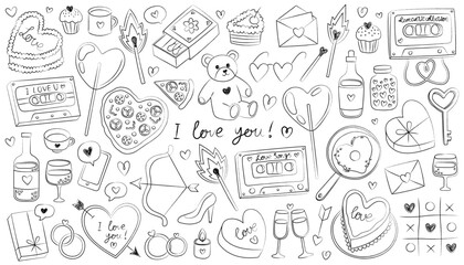 Collection of doodle icons for Valentine's day, theme of love and romance. Hand drawn outline illustrations. Heart, music cassette, toy bear, lollipop, match, pizza, gift box.