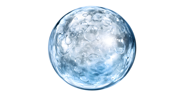 A sphere made of ice with cracks and air bubbles trapped inside, reflecting a cold and frosty aesthetic, centered on a transparent background 