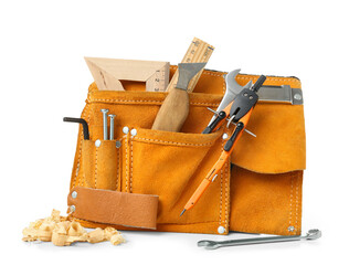 Belt with carpenter's tools and wood shavings on white background