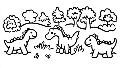 Cute dinosaurs playing in a forest, coloring page