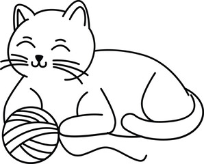 Cat Playing Yarn Ball Outline Illustration