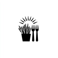 Black plant pot with wheat, shining sun, and two forks for a culinary or gardening theme, graphic