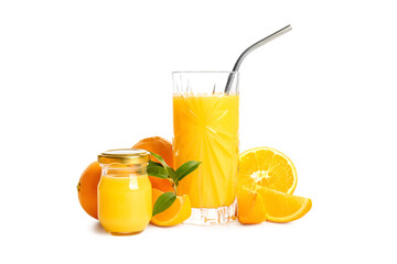 Glass and bottle of fresh orange juice with mint on white background