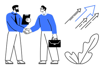Two businessmen shaking hands, one holding a clipboard, the other a briefcase, upwards arrows indicating growth, and a leaf. Ideal for partnership, agreement, success, teamwork growth