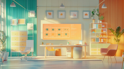 vibrant marketing strategy room with holographic display, colorful decor, and modern furniture, creating creative and inspiring workspace