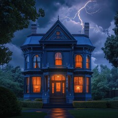 Fototapeta premium Dark Victorian House Illuminated During a Storm