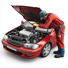 Fototapeta premium Mechanic Inspecting Red Car Engine Bay