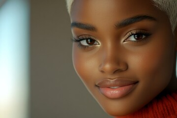 Naklejka premium Short haircut - blond hair. Commercial marketing creative. Lovely smiling black girl - for ads, marketing material and social apps networks use. Black elegance campaign. Black elegance ads.