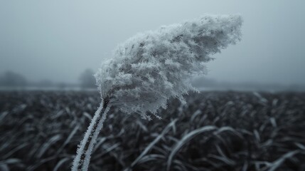 Frosty reed in foggy field, winter landscape, nature scene for websites or blogs