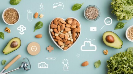 Nourishing heart healthy snack ingredients kitchen table food photography bright atmosphere top-down view wellness concept