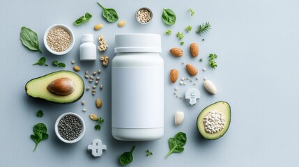 Nutritional supplements and healthy ingredients kitchen counter clean and vibrant illustration modern home environment top-down view wellness concept