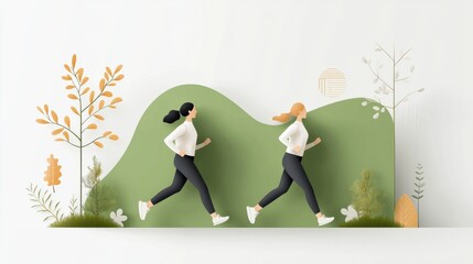 Running women in creative design outdoor setting 3d illustration nature background side view showcasing healthy lifestyle