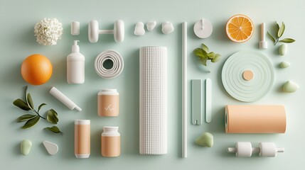 Healthy lifestyle essentials for fitness and wellness home environment minimalist digital illustration calm aesthetic balanced living concept