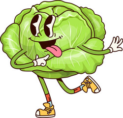 Groovy cabbage vegetable character. Cartoon vector cheerful, playful and quirky cabbage with a happy expression, wearing colorful sneakers and sticking its tongue, exudes a fun, healthy and retro vibe