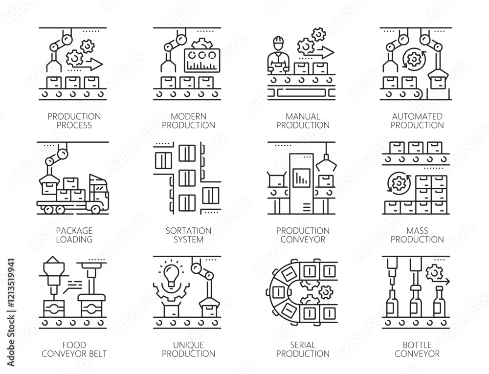 Fototapete mechanic robot manufacture, automatic and manual mass production, vector line icons. robotic automat