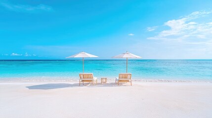 Tropical beach paradise two lounge chairs under umbrellas, turquoise water, and clear sky. Ideal for travel brochures
