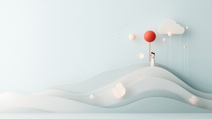 Couple holding a balloon on a mountain dreamy landscape digital art illustration soft colors aerial view romantic concept