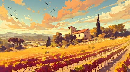 Warm sunset scene of a vineyard and winery, captured in retro style, evoking autumnal charm and timeless beauty