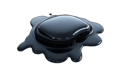 Dark liquid spill, reflective surface, black background, industrial use