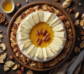 Baked wheel of brie cheese Camembert on a ceramic baking dish, drizzled with honey and sprinkled with chopped nuts, baked brie cheese camembert, crunchy texture, baked