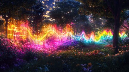 Naklejka premium Enchanted Rainbow Lights Illuminating A Night Garden